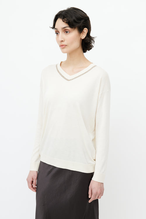 Brunello Cucinelli Cream Monili Knit Sweater