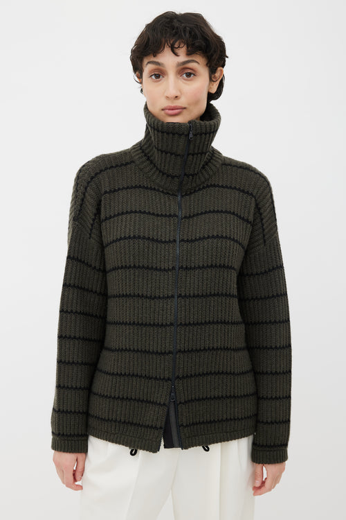 Brunello Cucinelli Green 
Black Cashmere Stripe Zip Up Sweater