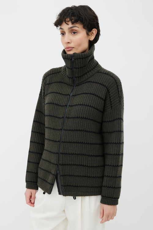 Brunello Cucinelli Green 
Black Cashmere Stripe Zip Up Sweater