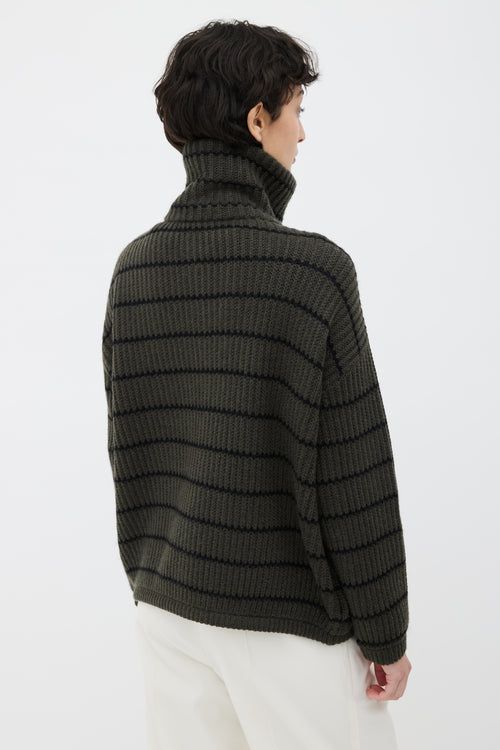 Brunello Cucinelli Green 
Black Cashmere Stripe Zip Up Sweater