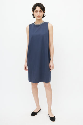 Brunello Cucinelli Navy Pleated Monili Dress