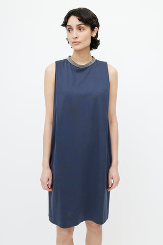 Brunello Cucinelli Navy Pleated Monili Dress