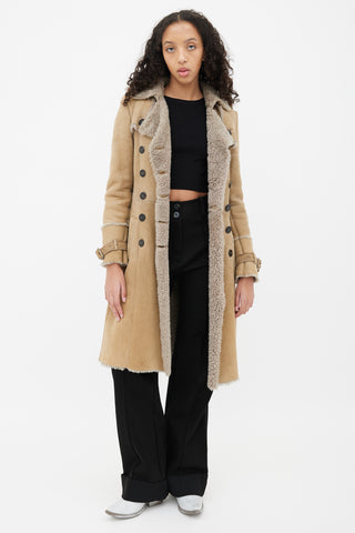 Burberry Beige Leather Shearling Lined Trench Coat