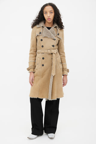 Burberry Beige Leather Shearling Lined Trench Coat