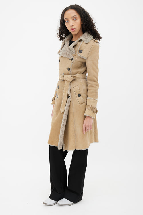 Burberry Beige Leather Shearling Lined Trench Coat