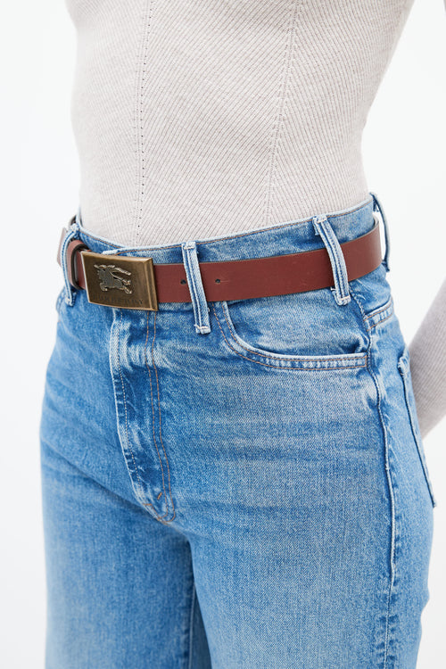 Burberry Brown Leather 
Bronze Logo Buckle Belt