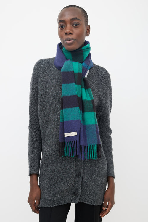 Burberry Green 
Navy Cashmere Check Scarf