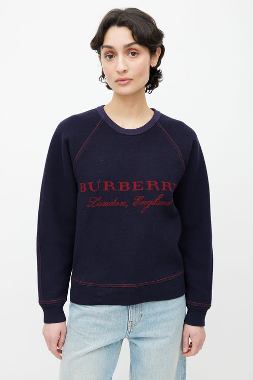 Burberry Navy Wool 
Cashmere Red Logo Knit Sweater