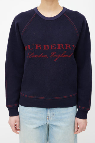 Burberry Navy Wool 
Cashmere Red Logo Knit Sweater