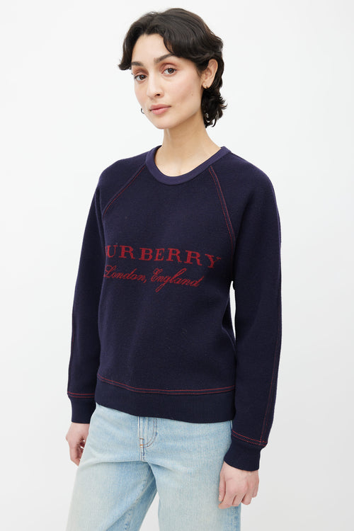 Burberry Navy Wool 
Cashmere Red Logo Knit Sweater