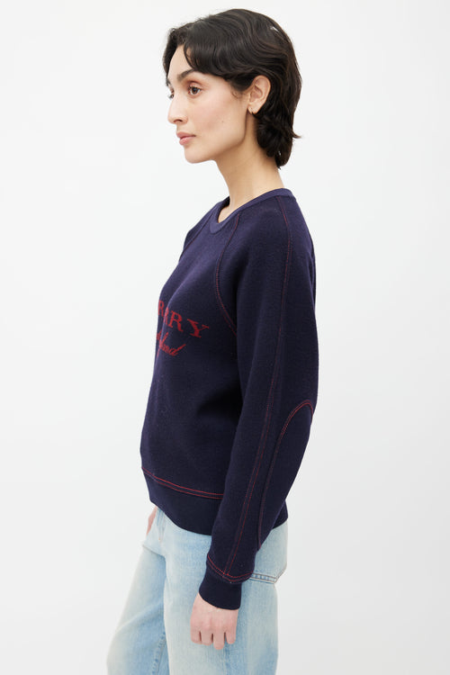 Burberry Navy Wool 
Cashmere Red Logo Knit Sweater