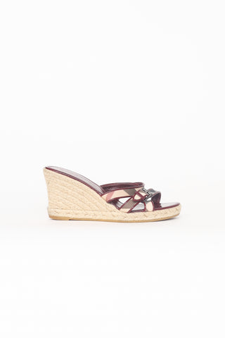 Burberry Burgundy 
Beige Check Wedge Espadrille