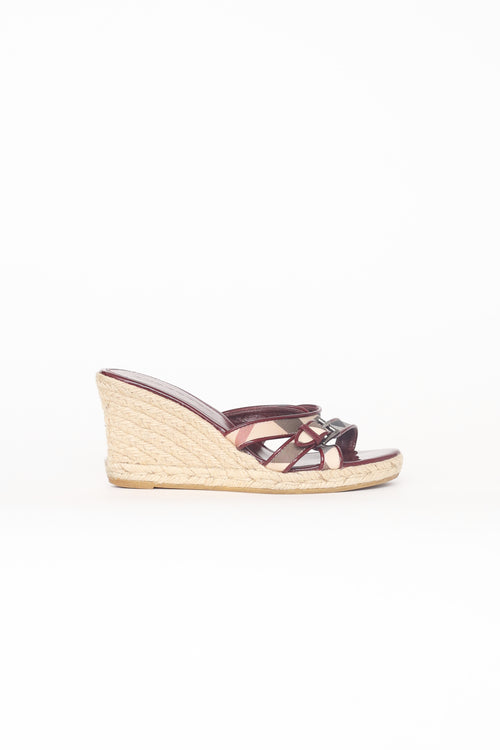 Burberry Burgundy 
Beige Check Wedge Espadrille