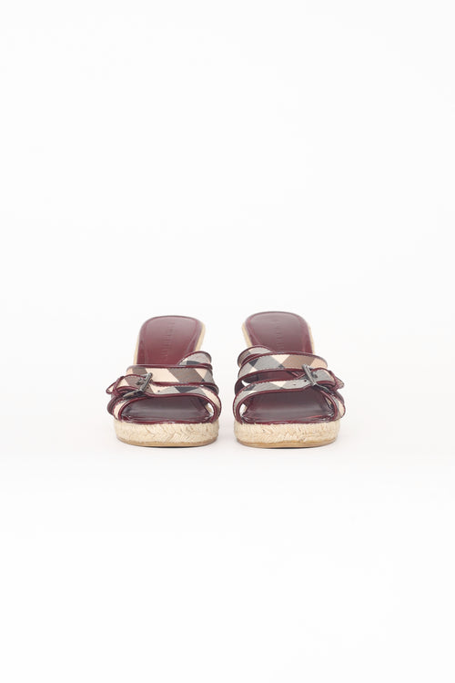 Burberry Burgundy 
Beige Check Wedge Espadrille