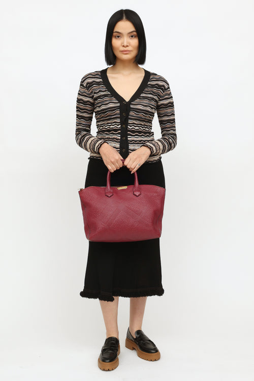 Burberry Burgundy Embossed Leather Dewberry Tote Bag