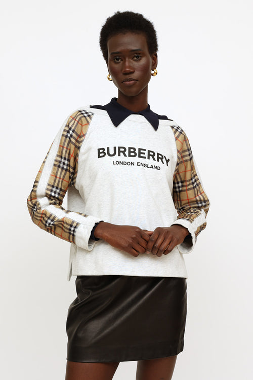 Burberry Grey 
Beige Check Logo Sweatshirt