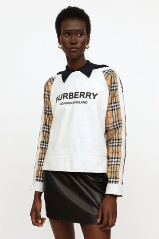 Burberry Grey 
Beige Check Logo Sweatshirt