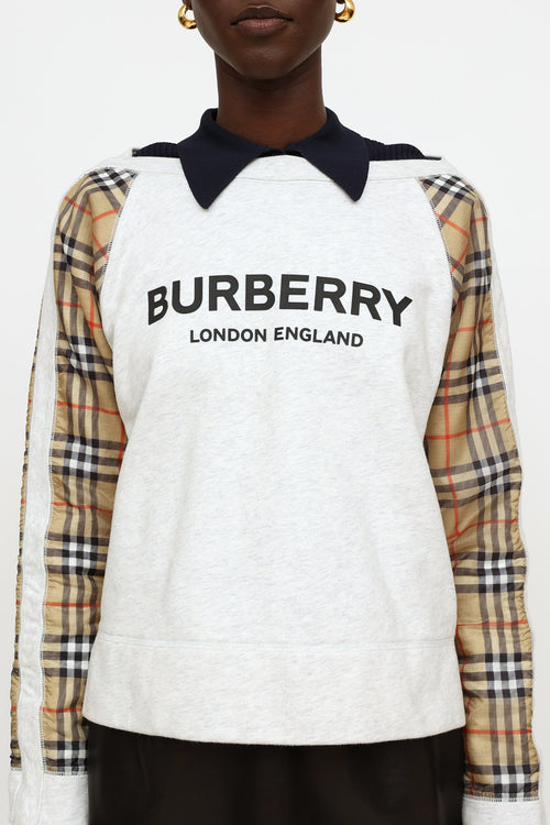 Burberry Grey 
Beige Check Logo Sweatshirt