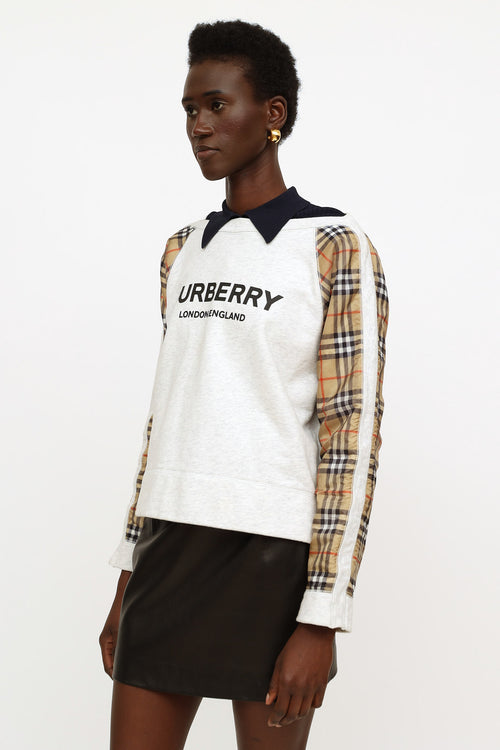 Burberry Grey 
Beige Check Logo Sweatshirt