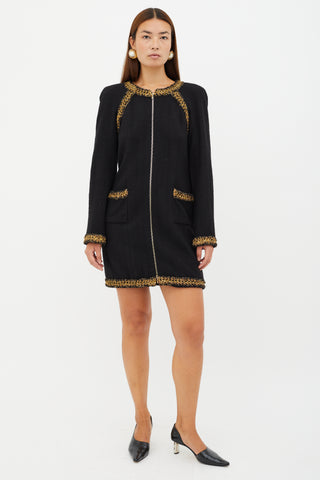 Chanel Black 
Gold Tweed Trimmed Wool Coat