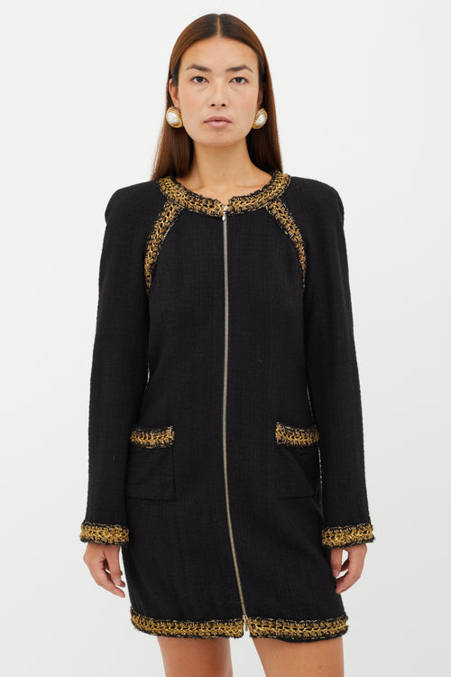 Chanel Black 
Gold Tweed Trimmed Wool Coat