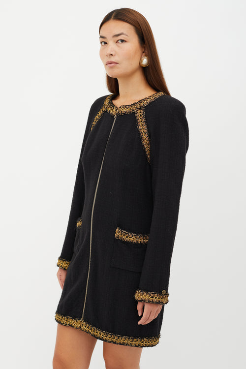 Chanel Black 
Gold Tweed Trimmed Wool Coat