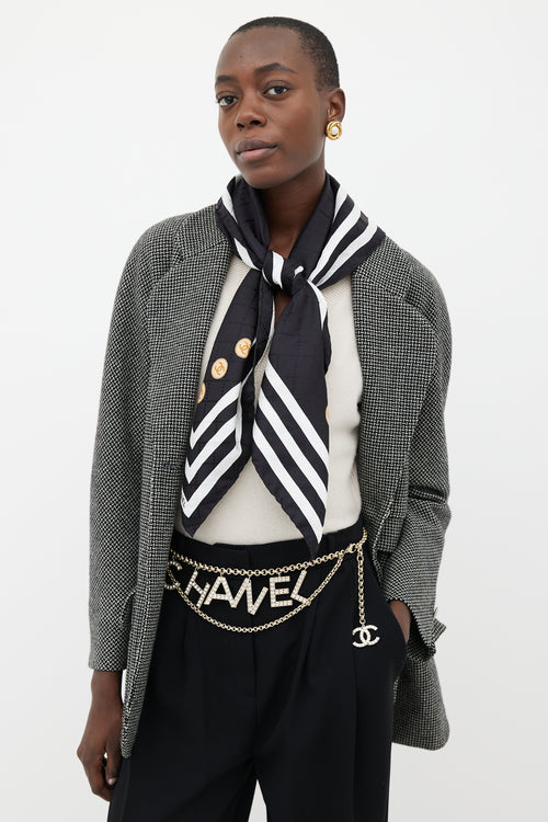 Chanel Black 
White Silk Stripe Scarf