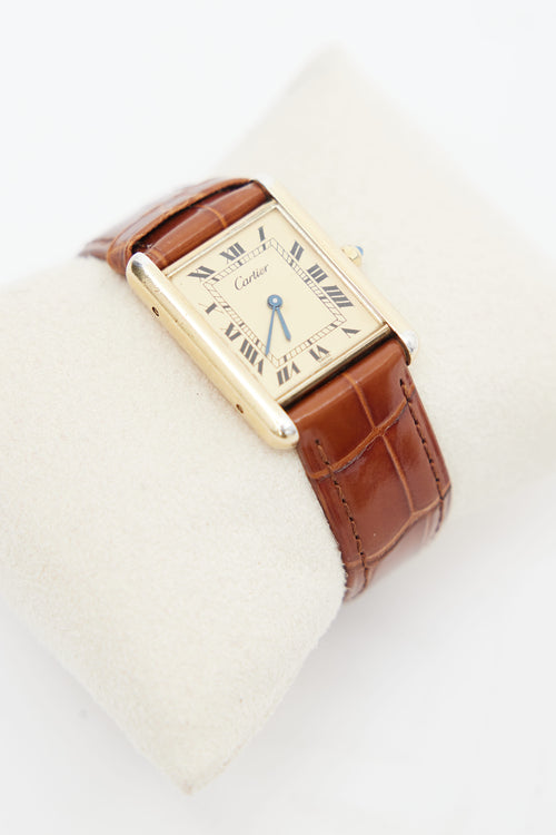 Cartier Brown Leather 
Gold Vermeil Tank Watch