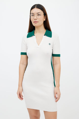 Casablanca Cream 
Green Ribbed Knit Short Sleeve Mini Dress