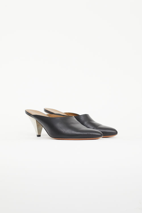 Celine Black Leather 
Silver Cone Mule