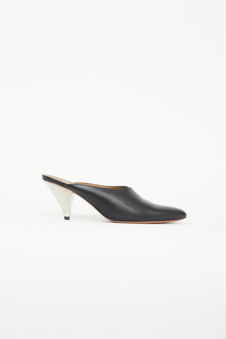 Celine Black Leather 
Silver Cone Mule