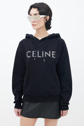 Celine Black Checker 
Studded Logo Hoodie