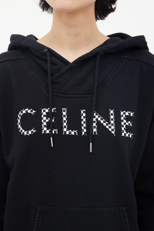 Celine Black Checker 
Studded Logo Hoodie