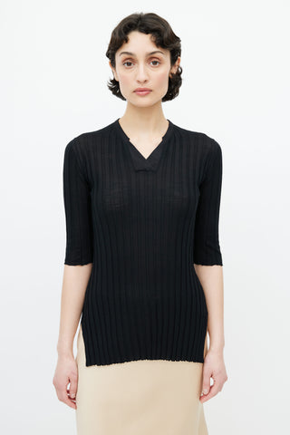 Celine Black Ribbed V-Neck Top