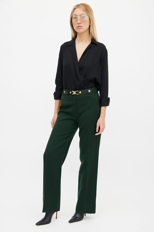 Celine Vintage Green 
Gold Triomphe Belted Trouser