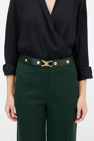 Celine Vintage Green 
Gold Triomphe Belted Trouser