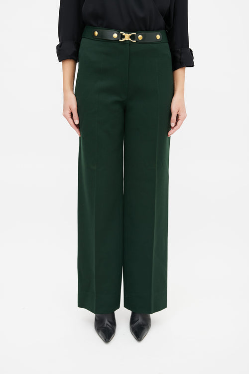 Celine Vintage Green 
Gold Triomphe Belted Trouser