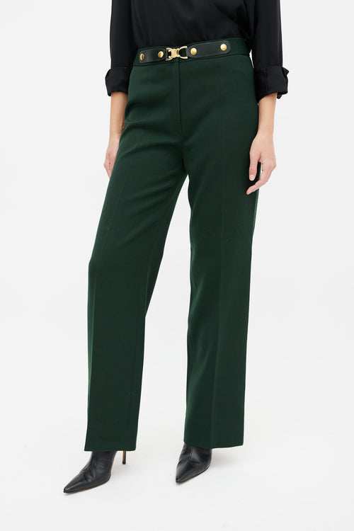 Celine Vintage Green 
Gold Triomphe Belted Trouser