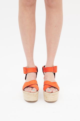 Celine Orange Suede Strappy Platform Espadrille