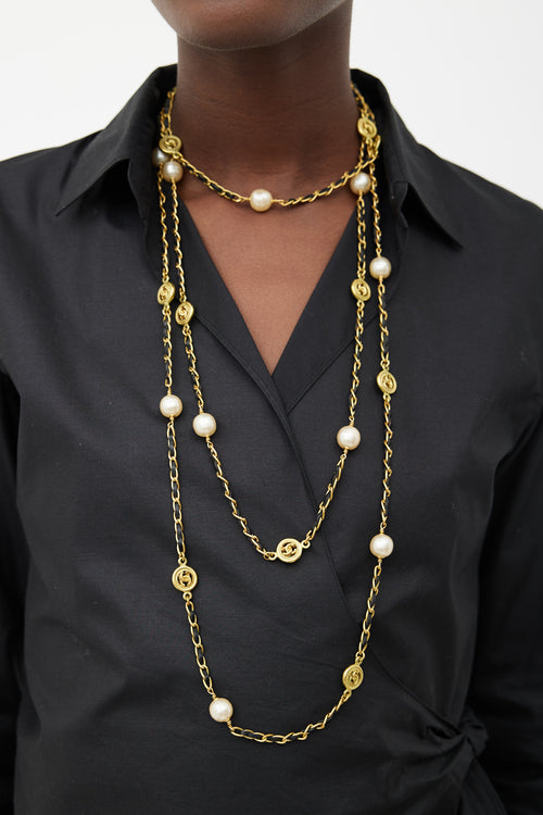 Chanel 1995 Black 
Gold Tone Pearl Long Necklace