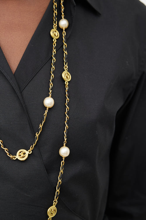 Chanel 1997 Black 
Gold Tone Pearl Long Necklace