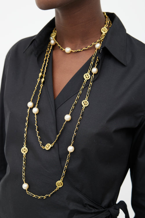 Chanel 1998 Black 
Gold Tone Pearl Long Necklace