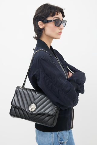 2010 Black Chevron Leather Leo Flap Bag