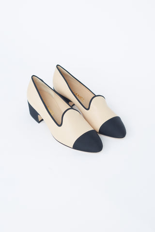 Chanel Beige 
Black Leather Heeled Loafer