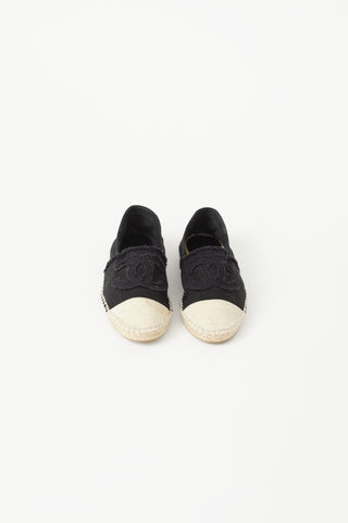 Chanel Black 
Beige Espadrille CC Logo Flat