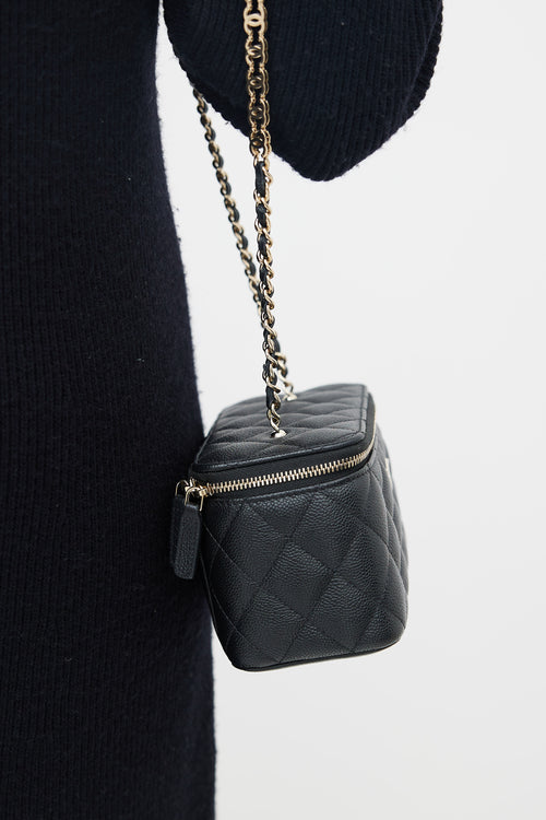 Chanel Black Caviar Leather 22C Rectangle Quilted Mini Vanity Case Bag