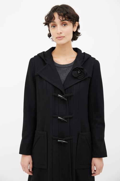 Chanel Black Floral Brooch Toggle Coat