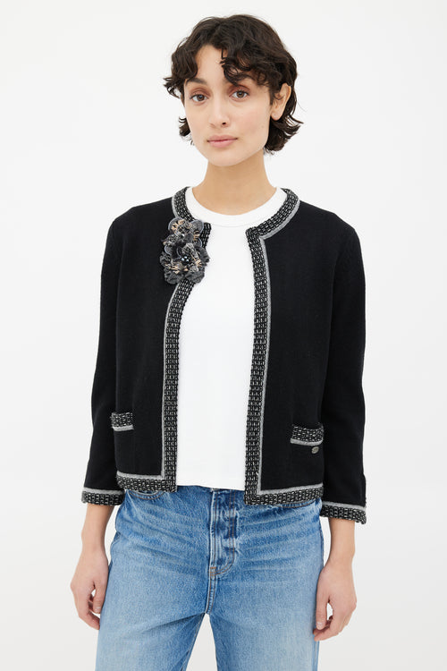 Chanel Black 
Grey Floral Brooch Cardigan