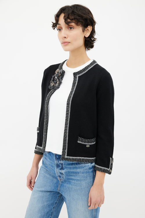 Chanel Black 
Grey Floral Brooch Cardigan