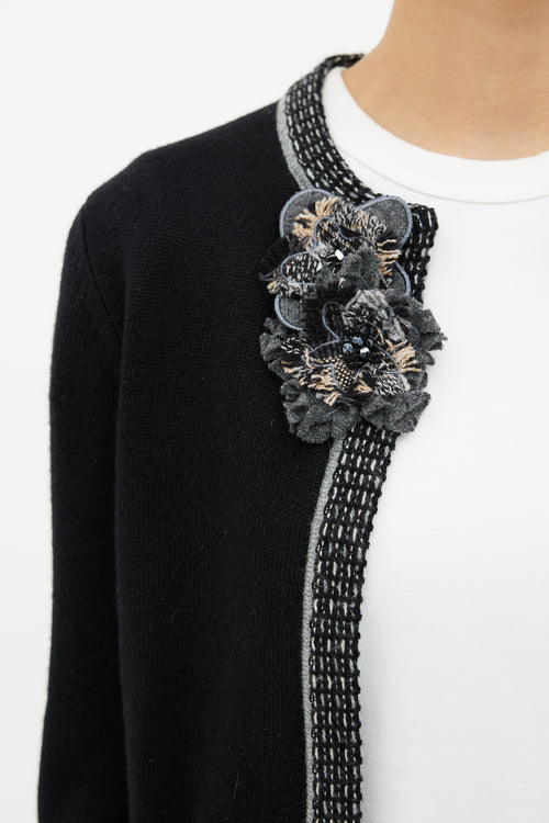 Chanel Black 
Grey Floral Brooch Cardigan